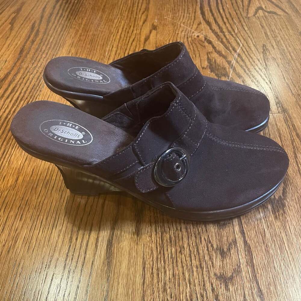 Dr. Scholl's PRIMID Brown Suede Leather Wedge Clog Mules Shoes Size 9M